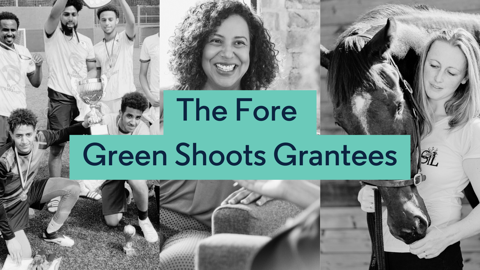 A refugee football team, a Black woman smiling, and a young person with a horse are collaged onto an announcement for our new Greater Manchester grantees.