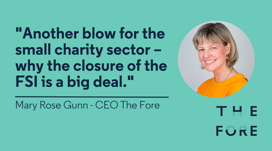 Another blow for the small charity sector - why the closure of the FSI is a big deal. Mary Rose Gunn - CEO The Fore. Featuring a headshot of Mary Rose