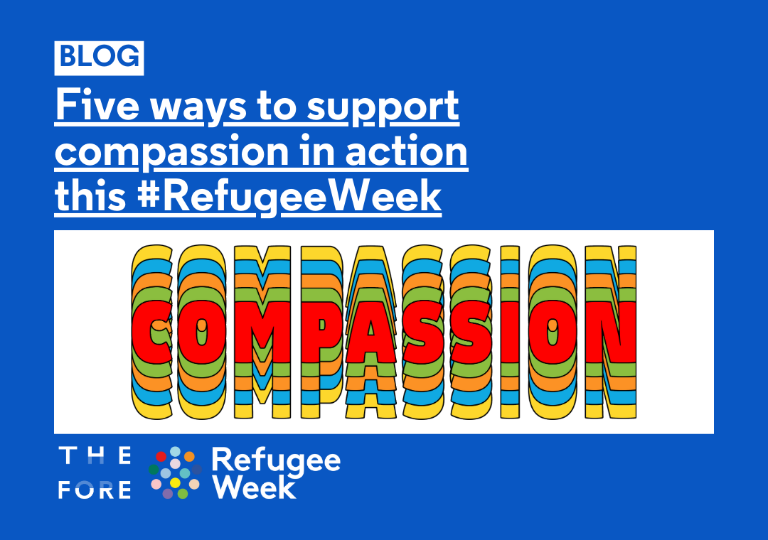 The word "compassion" in an illustrated rainbow font. Surrounded by information about Refugee Week.